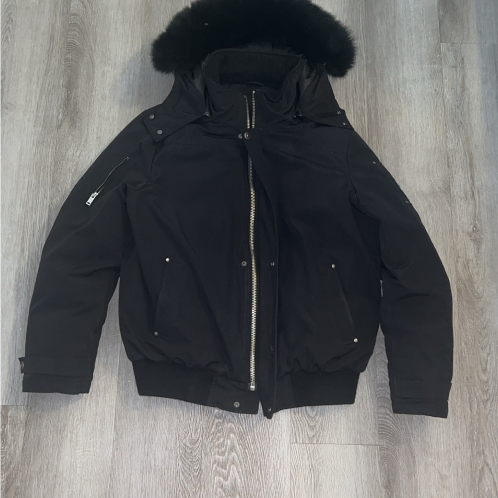 Moose Knuckles Black Bomber Jacket with Fur Hood